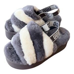 UGG  Stripe Slide Fluff Sandals Grey White Platform Slingback Women’s Size 8